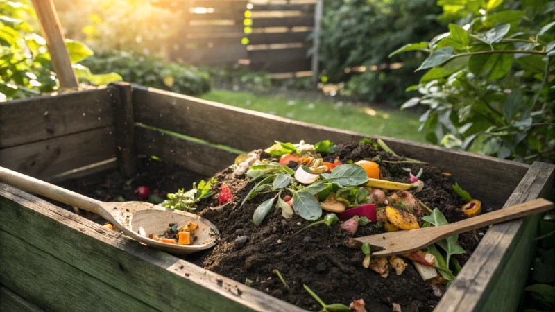 A compost bin filled with vegetable scraps and wooden cutlery