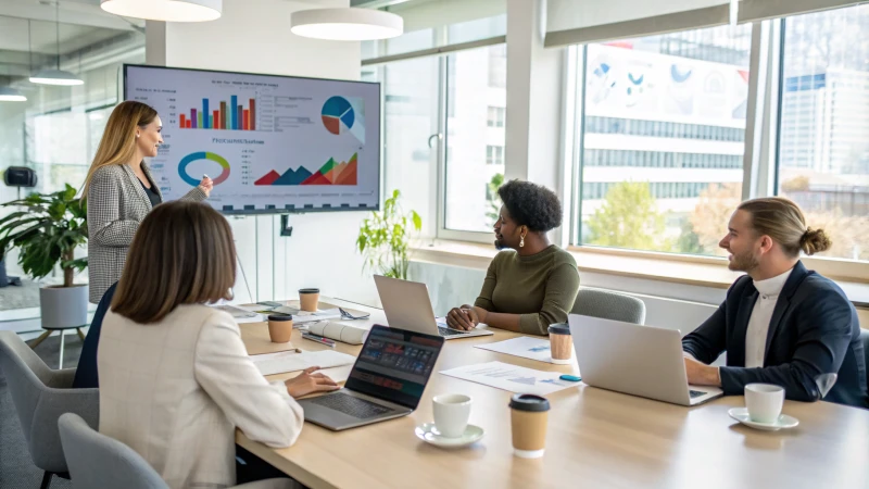 Professionals discussing market trends in a modern office