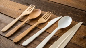 Comparison of wooden, paper, and plastic cutlery on a rustic table