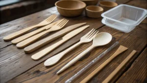 A comparison of wooden, plastic, and metal cutlery on a rustic table