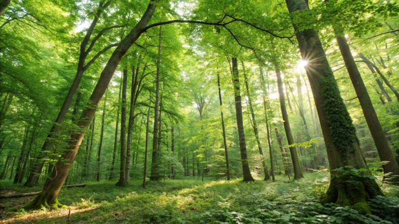 A dense forest with sunlight filtering through trees and vibrant greenery.