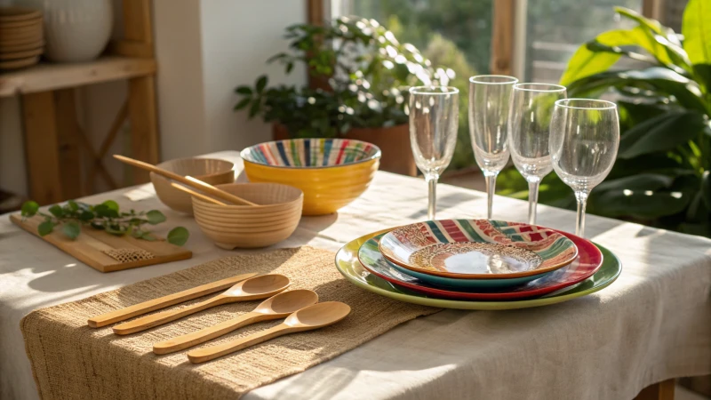 A set of wooden cutlery on a rustic table