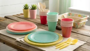 Elegant disposable tableware on a rustic wooden table