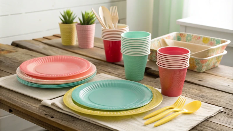 Elegant disposable tableware on a rustic wooden table
