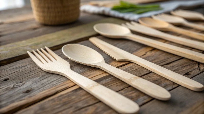 A collection of disposable wooden cutlery on a rustic table