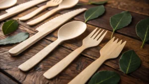 Close-up of wooden cutlery on a rustic table