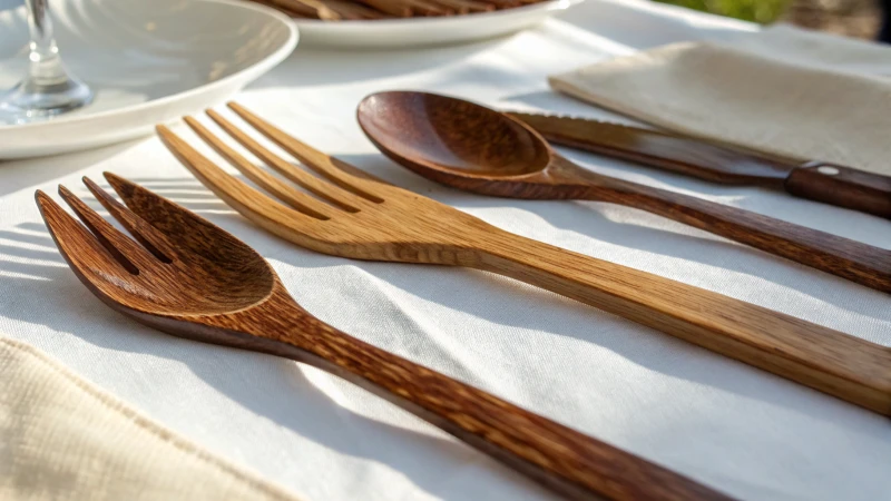 Close-up of glossy wooden cutlery on a white tablecloth