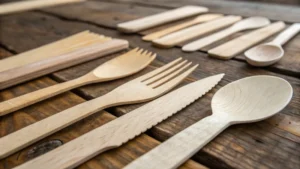 Close-up of assorted disposable wooden cutlery on a rustic table