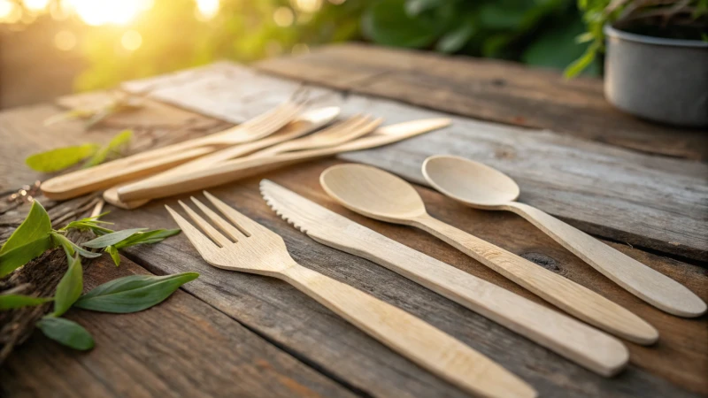 Close-up of elegant disposable wooden cutlery on a rustic table