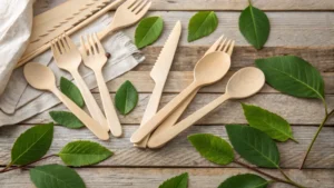 Photorealistic display of wooden cutlery on a rustic table with green leaves