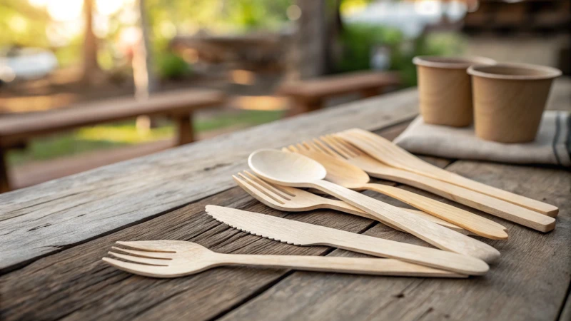 Elegant arrangement of wooden cutlery on a rustic table