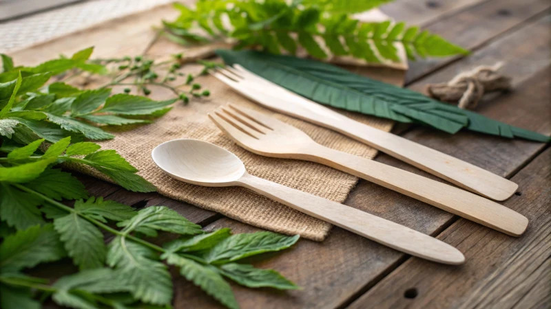 Assorted wooden cutlery on a rustic table with green foliage