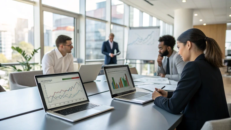 A group of diverse professionals collaborating in a modern office