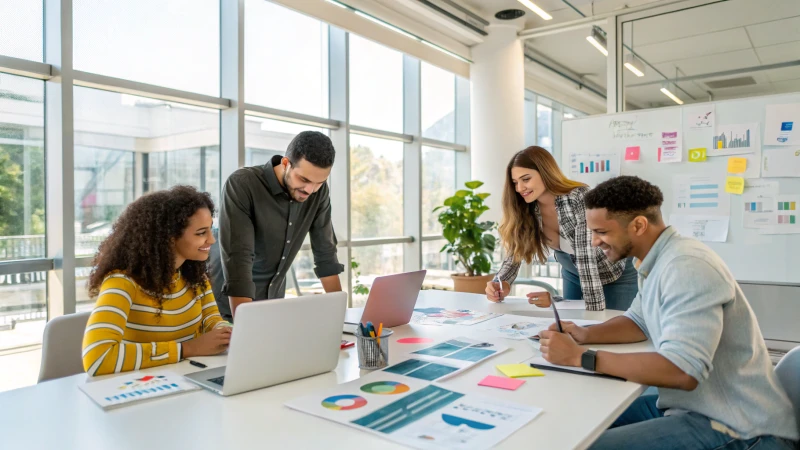 A diverse group of professionals collaborating in a modern office