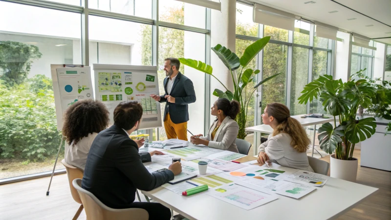 A diverse group of professionals discussing sustainability strategies in a bright conference room.