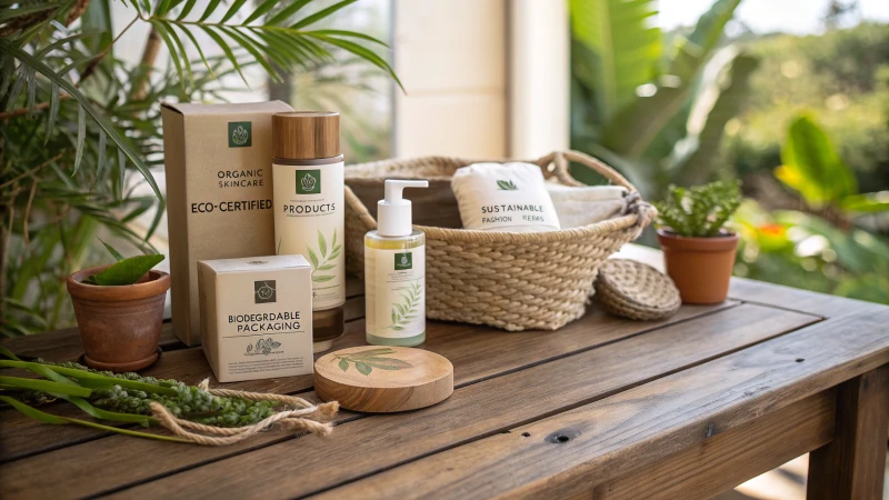 A rustic wooden table displaying eco-certified products surrounded by greenery.