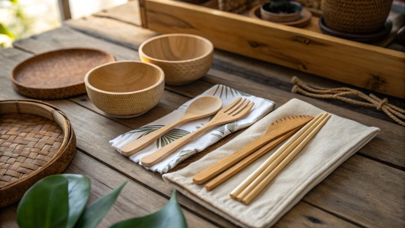 A rustic wooden table with eco-friendly cutlery options