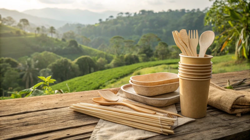 Eco-friendly bamboo cutlery on a rustic wooden table