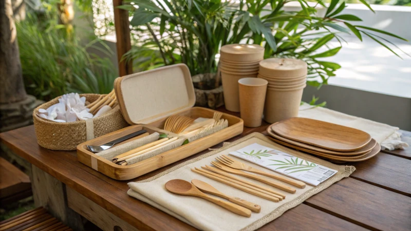 Display of eco-friendly bamboo cutlery on a rustic table