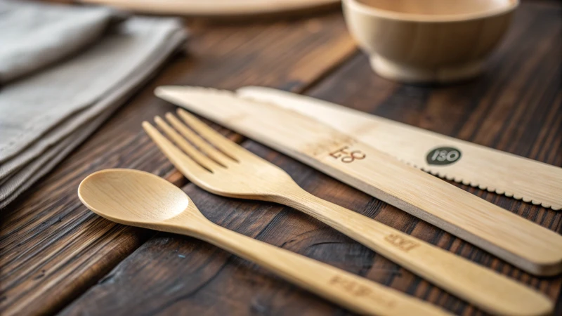 Eco-friendly bamboo cutlery on a rustic wooden table