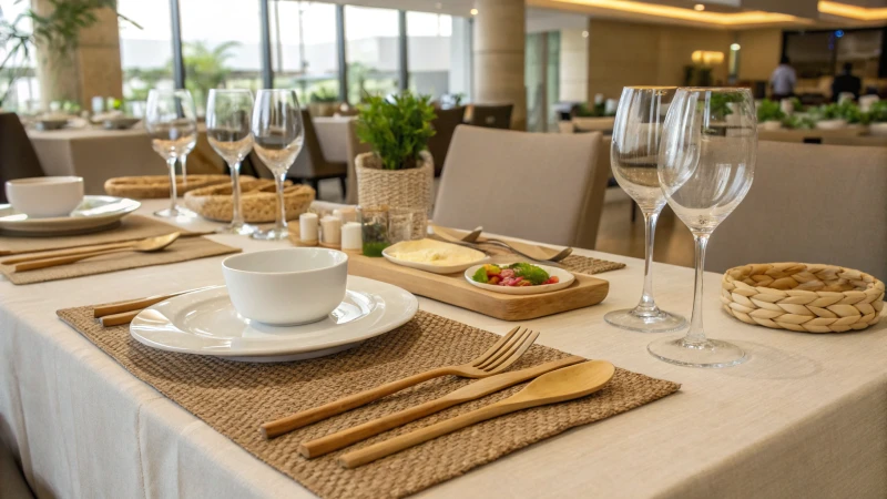 A beautifully arranged dining table with bamboo cutlery in a luxury hotel setting