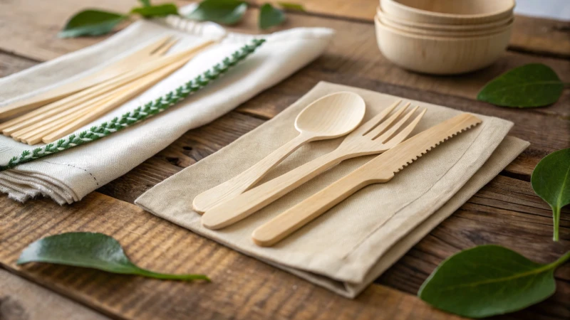 Close-up of eco-friendly disposable cutlery on a wooden table