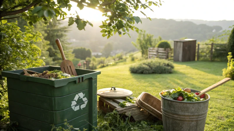 Compost bin with wooden cutlery and greenery