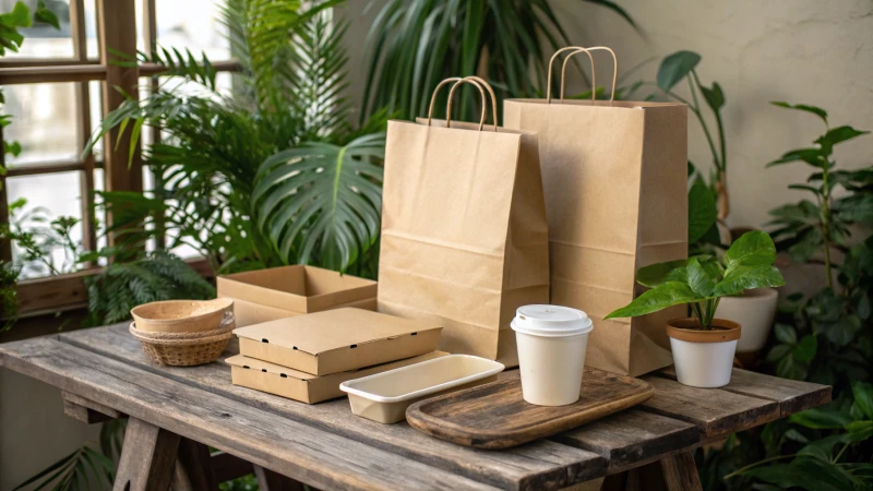 Eco-friendly packaging materials on a rustic table