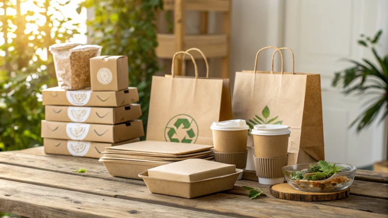 A display of eco-friendly packaging options on a wooden table