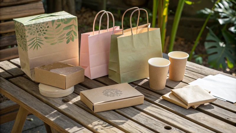 An artistic arrangement of eco-friendly packaging on a wooden table