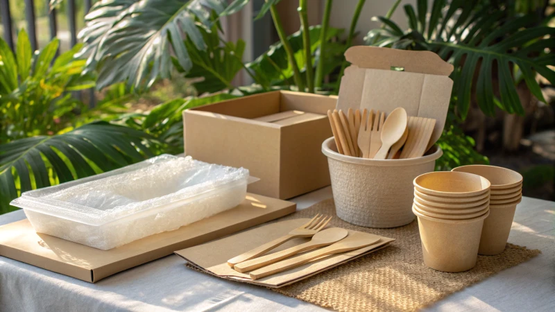 Display of eco-friendly packaging materials for wooden cutlery