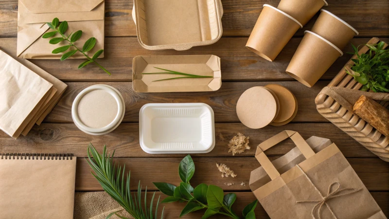 Flat lay of eco-friendly packaging materials on a rustic wooden table.