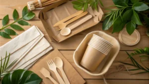 Eco-friendly packaging for wooden cutlery on a wooden surface with green leaves