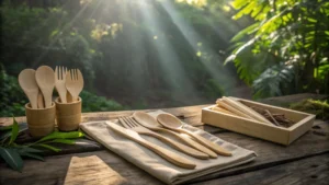 Eco-friendly wooden cutlery on a rustic table