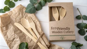 Eco-friendly wooden cutlery in sustainable packaging