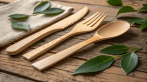 Eco-friendly wooden cutlery set on a rustic table