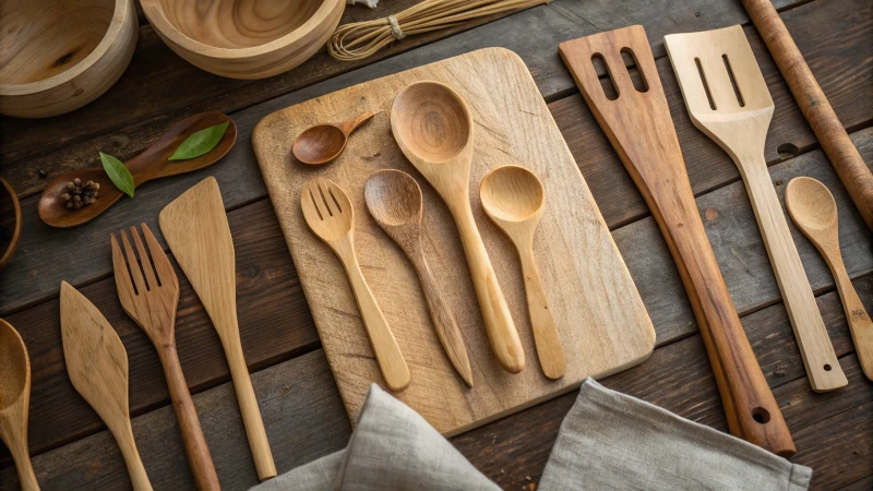 A collection of eco-friendly wooden utensils on a rustic surface.