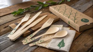 A photorealistic display of wooden cutlery next to eco-friendly packaging