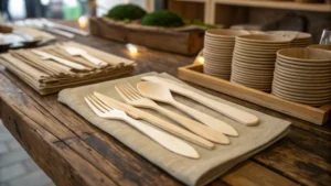 Elegant disposable wooden cutlery on a rustic table