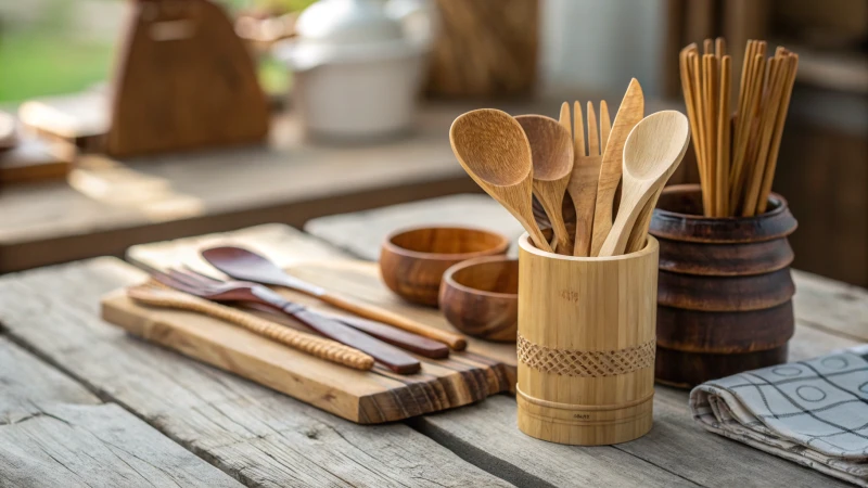 Elegant wooden cutlery displayed on a rustic table