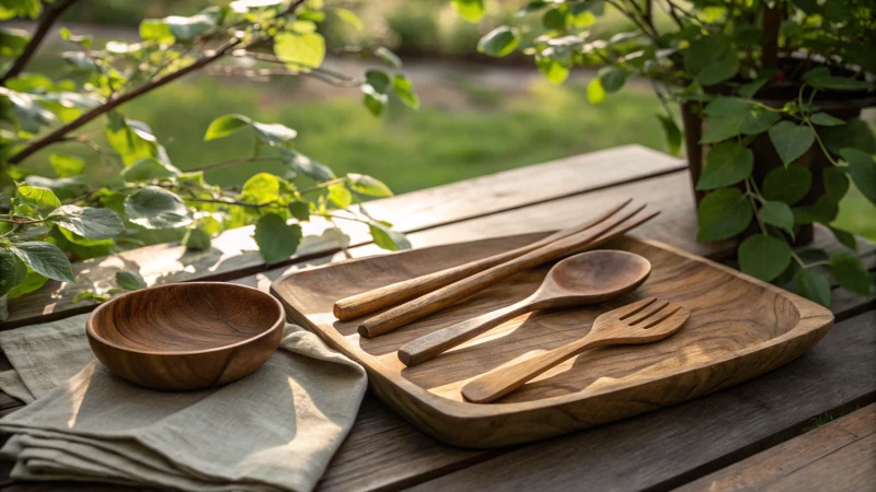 Elegant wooden cutlery displayed on a rustic table with greenery