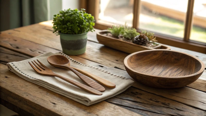 Photorealistic wooden cutlery set on a rustic table