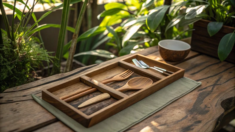 Close-up of an elegant wooden cutlery set on a rustic table