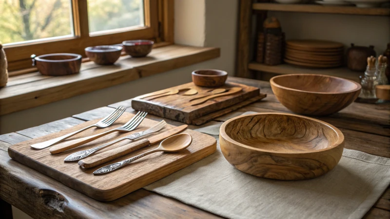 Elegant wooden cutlery on a rustic table