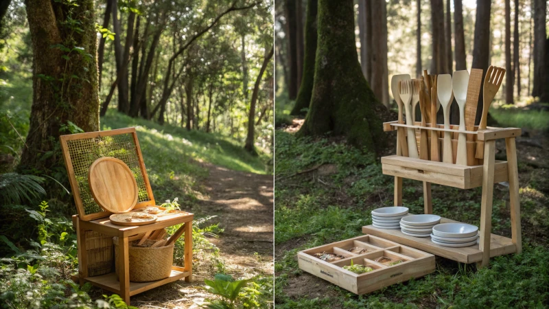 A forest scene contrasting wooden items with plastic and metal products