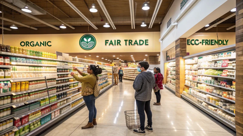 A grocery store aisle with diverse consumers examining products