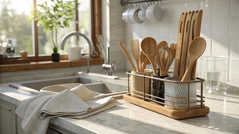 A drying rack with wooden cutlery on a kitchen countertop