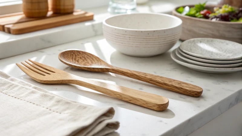 A comparison of wooden and plastic cutlery on a kitchen counter