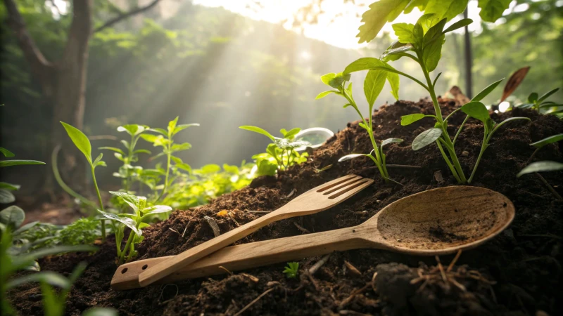 A compost heap with decomposing wooden cutlery and green plants