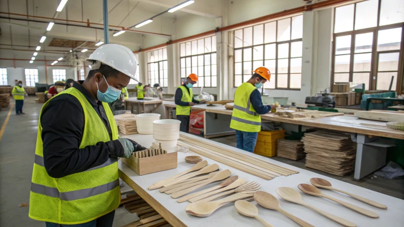 Workers assembling wooden cutlery in a manufacturing facility